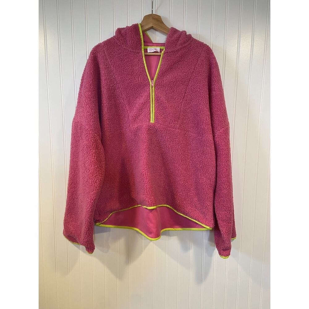 Pink Lily Sherpa Sweatshirt Women's XL Pink / Green Sherpa Quarter-Button - Picture 2 of 5